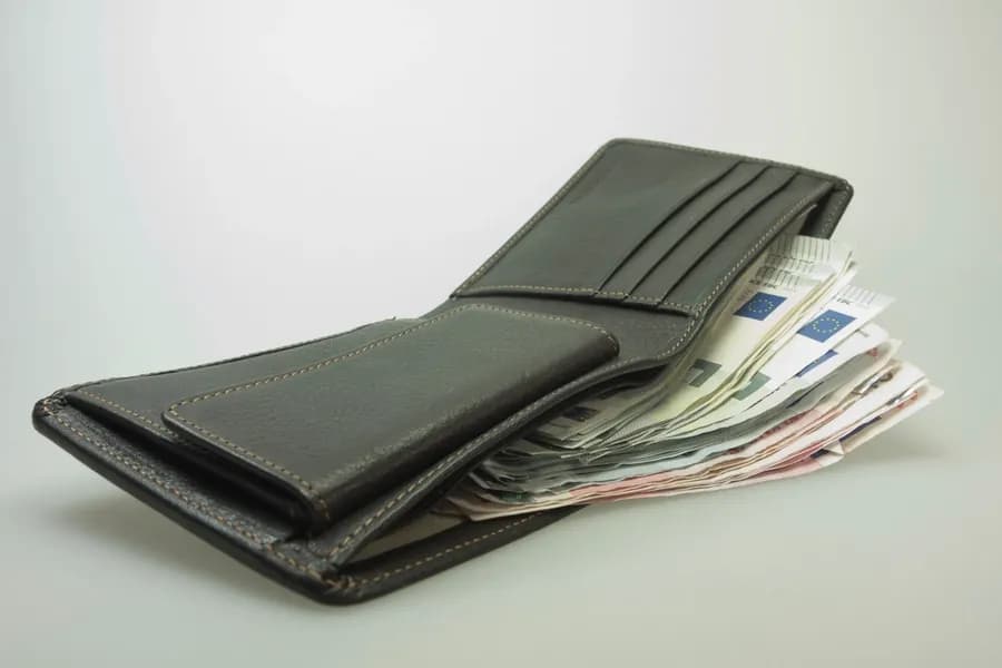 An open wallet holding banknotes