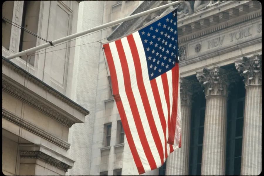The columned facade of a stock exchange building