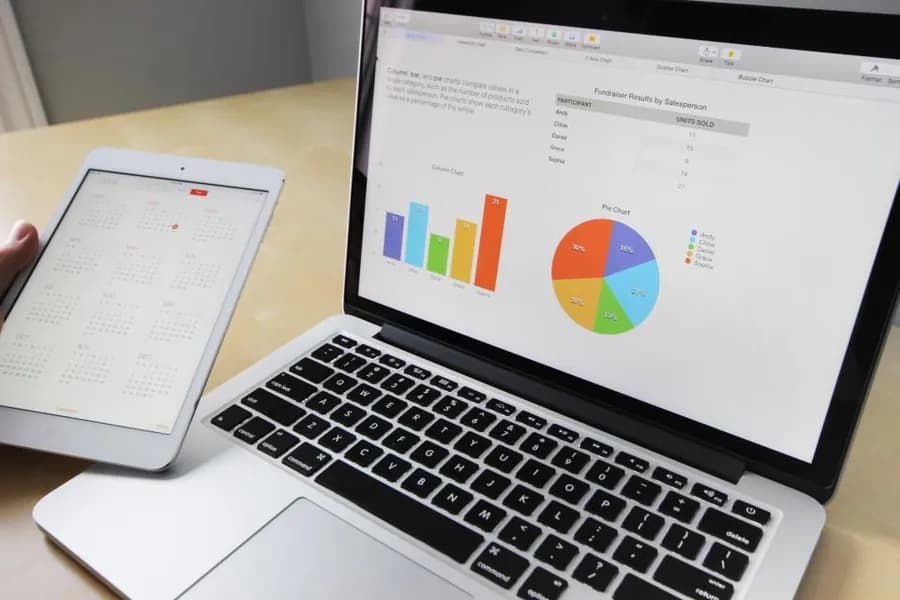 A laptop showing a chart beside a tablet on a desk