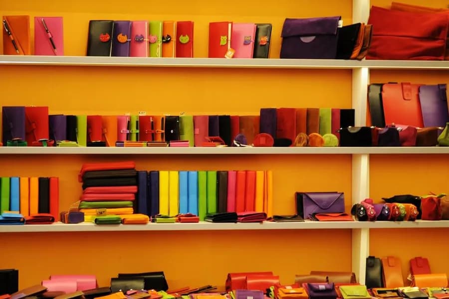 Rows of wallets displayed on shop shelves