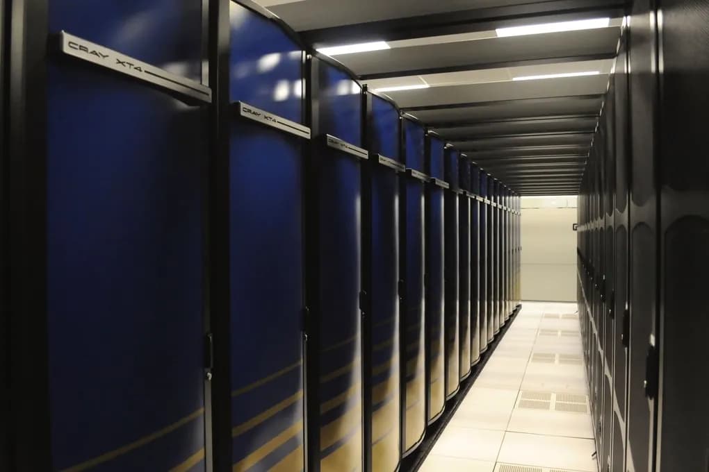 Rows of server racks inside a data center