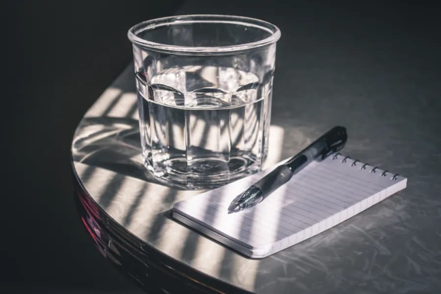 A notepad and pen beside a glass of water