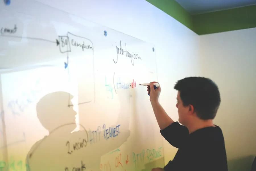 A person writing on a whiteboard during a planning session