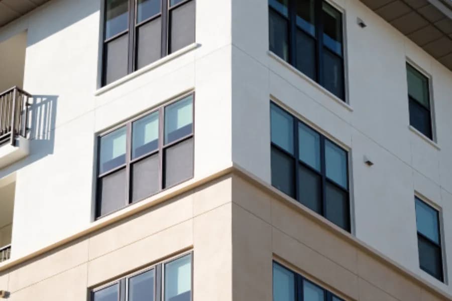 The corner of a modern apartment building