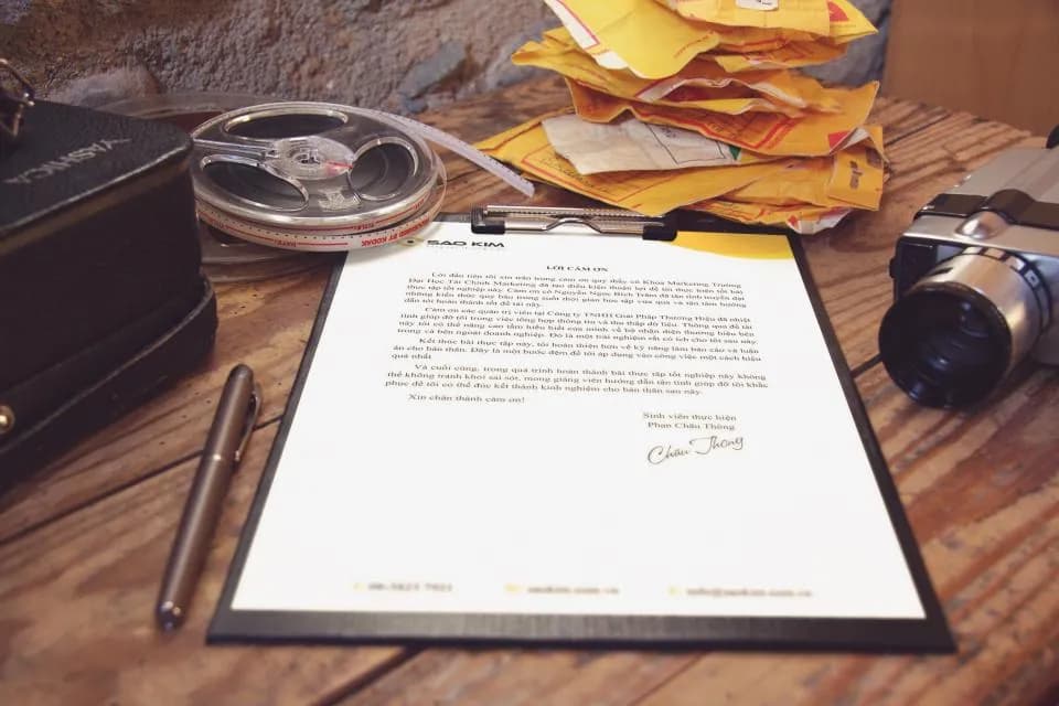 A signed document resting on a desk beside a pen
